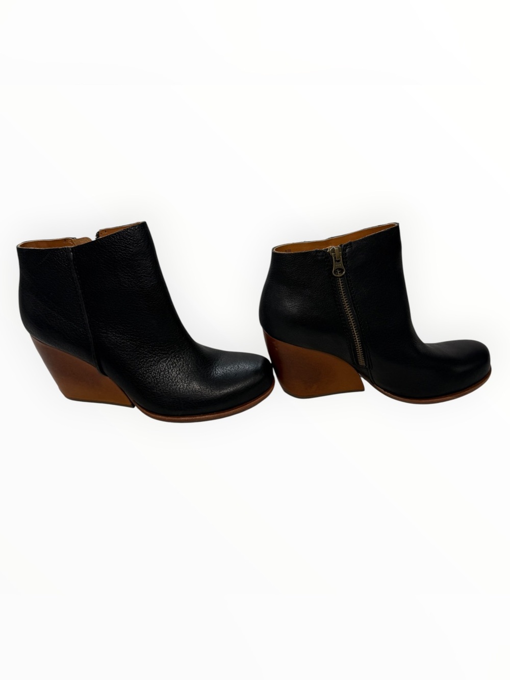 Kork-Ease Black Leather Ankle Booties with Brown Wedge